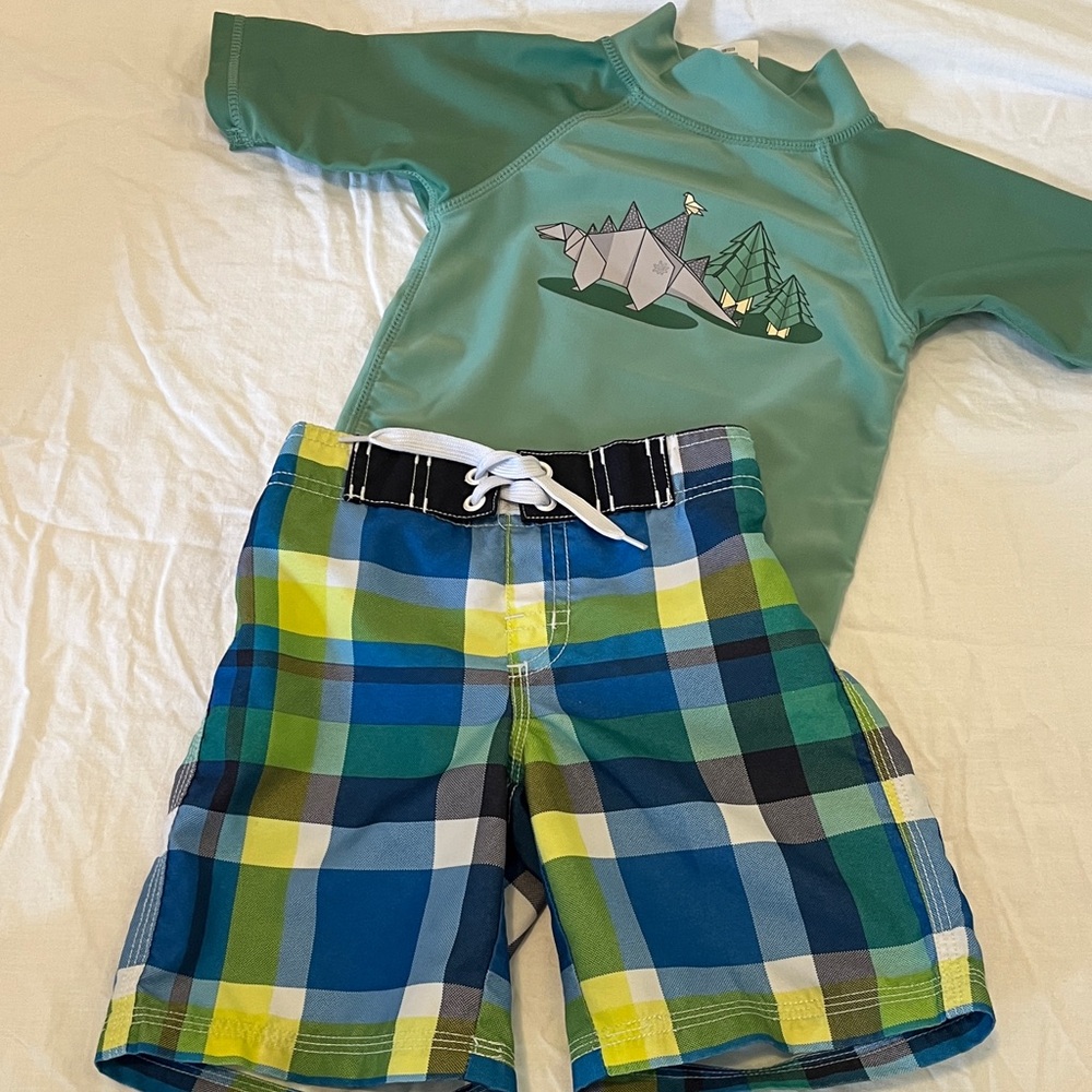 3T UV Skinz Green Dinosaur Rashguard with Gymboree Blue Plaid Swim Shorts